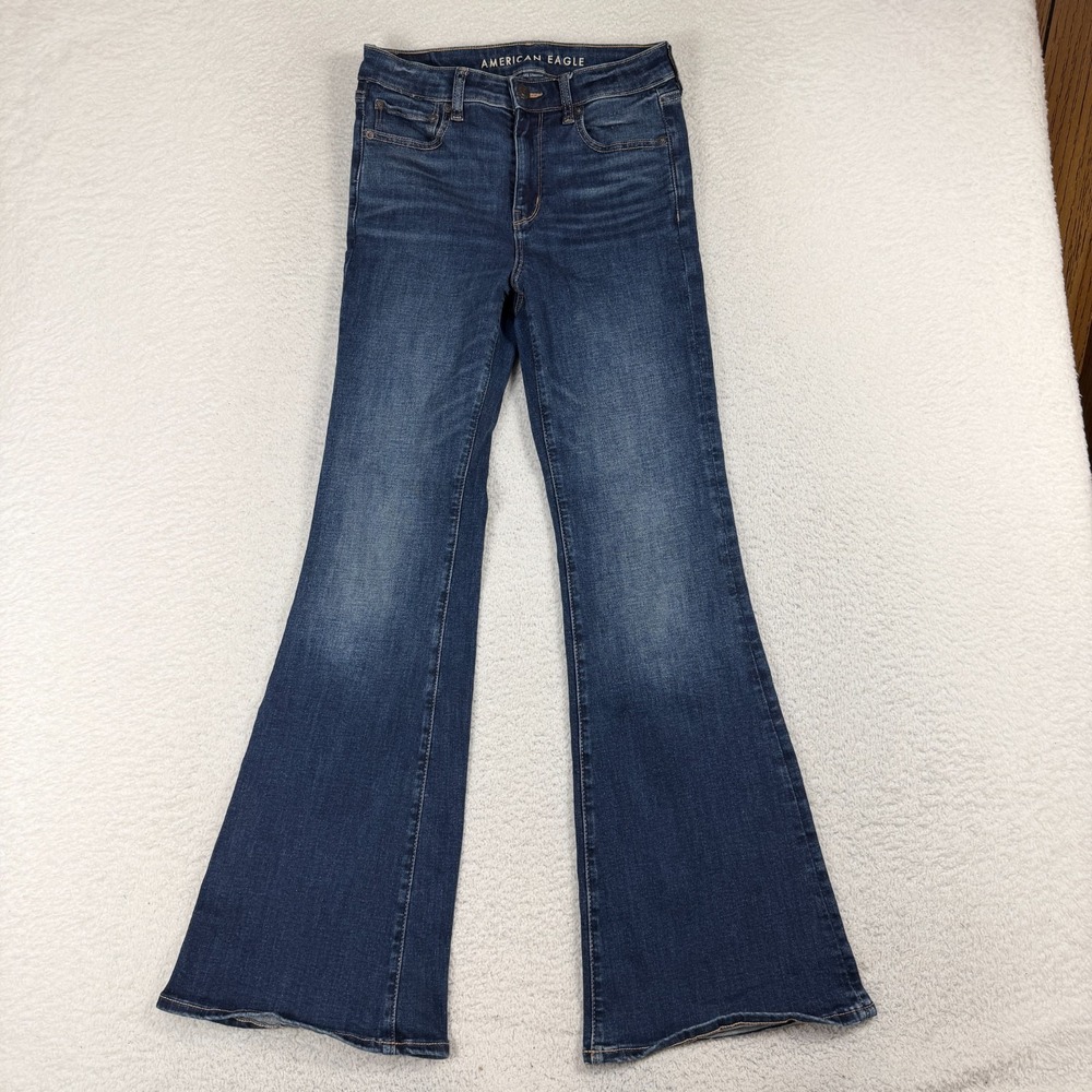 American Eagle Jeans Womens 4 27x30 Blue Super High Rise Flare Stretch Dark Wash